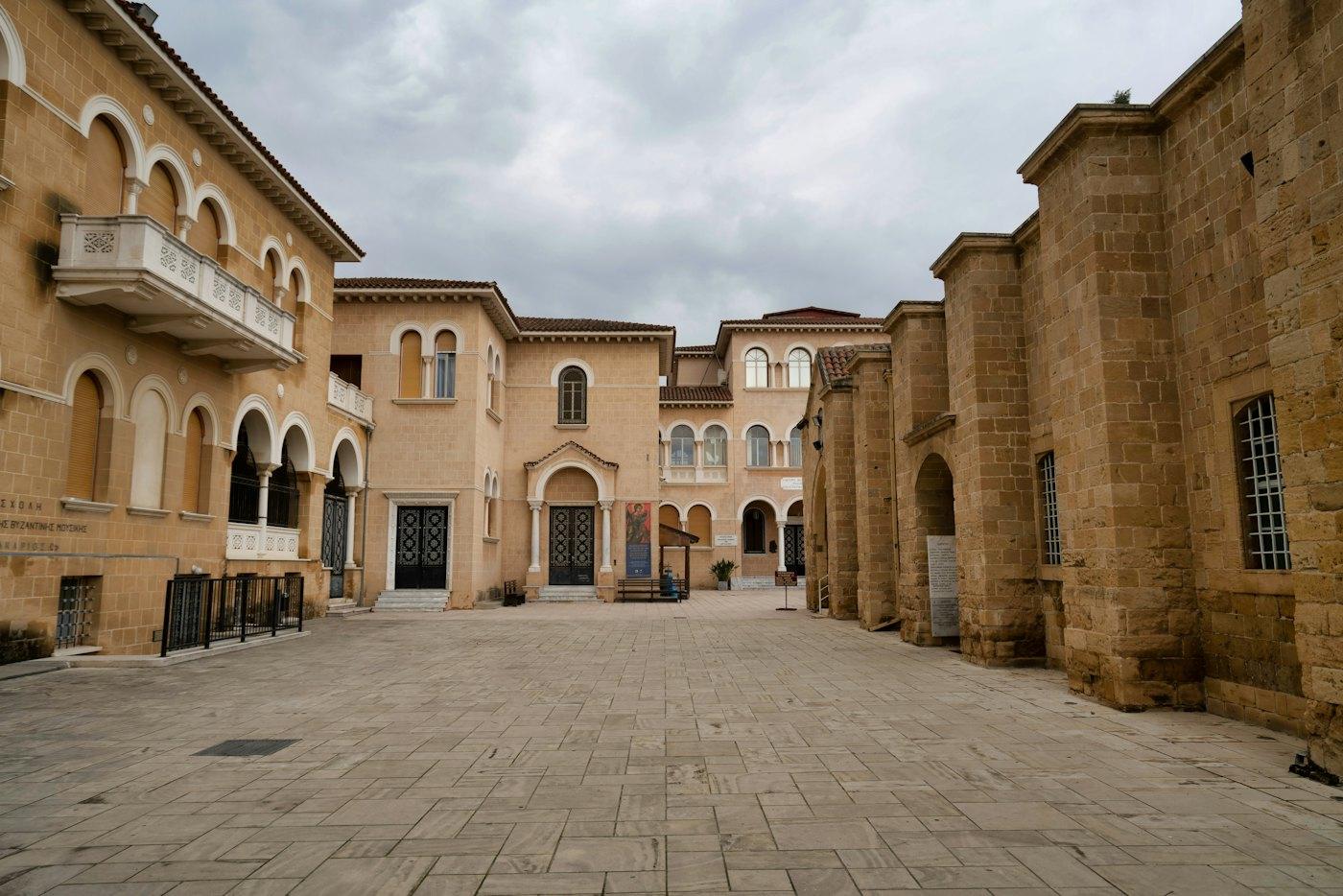 The arcaded stone buildings around the Archbishop's Palace in old Nicosia